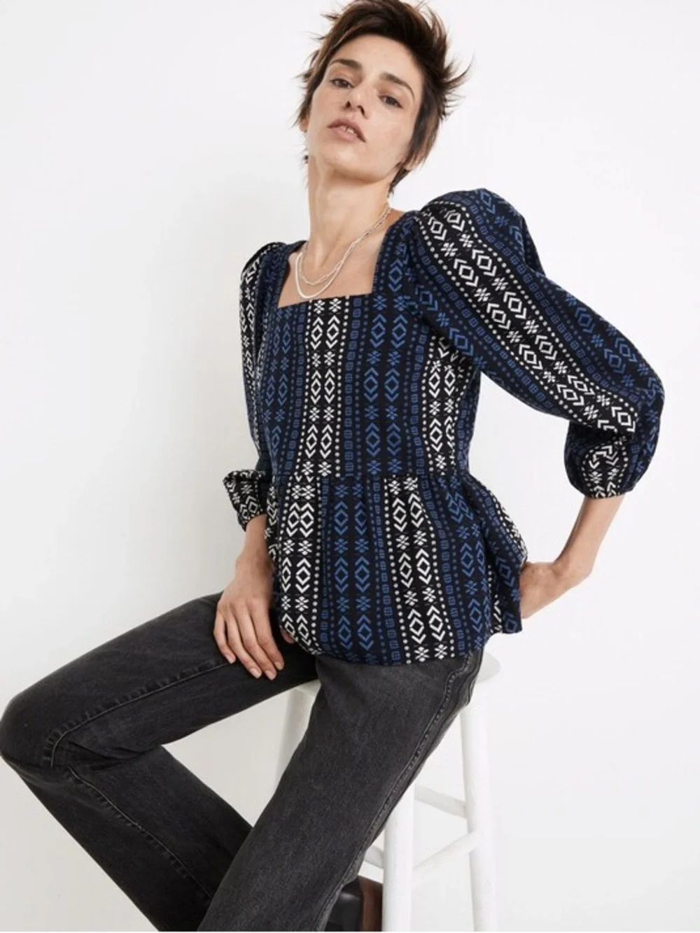 Madewell Lightspun Blue Millbrook Puff Sleeve Geo Print Cotton Peplum Top XXS